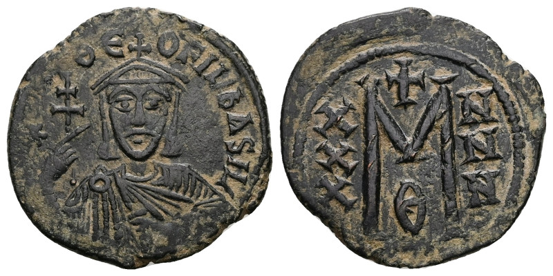 Theophilus, AD 829-842. AE, Follis. 7.24 g. 28.42 mm. Constantinople.
Obv: ✷ΘE-O...