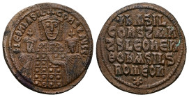 Basil I the Macedonian, Leo VI and Constantine VII, AD 867-886. AE, Follis. 6.74 g. 27.85 mm. Constantinople.
Obv: + LЄOҺ bASIL COҺST A[ЧGG]. Basil I,...