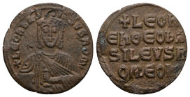 Leo VI the Wise, AD 886-912. AE, Follis. 5.11 g. 25.01 mm. Constantinople.
Obv: + LЄOҺЬAS-ILЄVSROM. Frontal bust of Leo VI with short beard wearing ch...