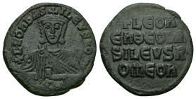 Leo VI the Wise, AD 886-912. AE, Follis. 6.07 g. 26.61 mm. Constantinople.
Obv: + LЄOҺЬAS-ILЄVSROM. Frontal bust of Leo VI with short beard wearing ch...