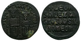 Leo VI the Wise and Alexander, AD 886-912. AE, Follis. 7.31 g. 26.01 mm. Constantinople. 
Obv: + LЄOҺ-SALЄΞAҺδROS. Leo on left and Alexander on right,...
