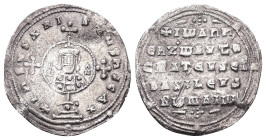 John I Tzimisces, AD 969-976. AR, Miliaresion. 3.12 g. 23.78 mm. Constantinople.
Obv: + IhSUS XRIStUS nICA*. Cross crosslet on globus above two steps,...
