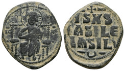 Anonymous Follis, Class D. Constantine IX, AD 1042-1055. AE, Follis. 9.90 g. 30.36 mm. Constantinople.
Obv: IC – XC. Christ Pantokrator seated facing ...