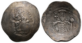 Alexius I, AD 1081-1118. Bl, Aspron Trachy. 3.92 g. 28.28 mm. Constantinople.
Obv: IC-XC to left and right of Christ, nimbate, seated facing, holding ...