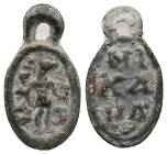 PB Roman provincial gnostic amulet with suspension loop (AD 3rd century) 
Obv: Anubis standing front, head to right, holding sistrum? in his left hand...