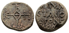 PB Byzantine seal of Anastasios, droungarios (AD 8th century) 
Obv: Cruciform invocative monogram: Θεοτόκε βοήθει. Wreath border.
Rev: Inscription of ...