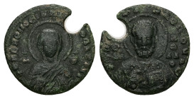 AE Byzantine tessera (AD 11th century)
Obv: Bust of the Virgin, with nimbus, hands upraised. Between sigla: Μ(ήτηρ) Θ(εοῦ). Circular inscription, begi...