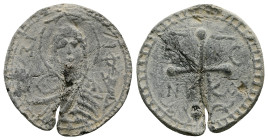 PB Middle Byzantine pendant (c. AD 10th century)
Obv: Bust of the Virgin orans. Sigla on either side: Μ(ήτηρ) Θ(εοῦ); all within decorated border.
Rev...