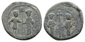 PB Byzantine tetarteron. Alexius I Comnenus, with Irene and John II (1081–1118)
Obv: Legend illegible. Full-length figures of Demetrius, on the left, ...
