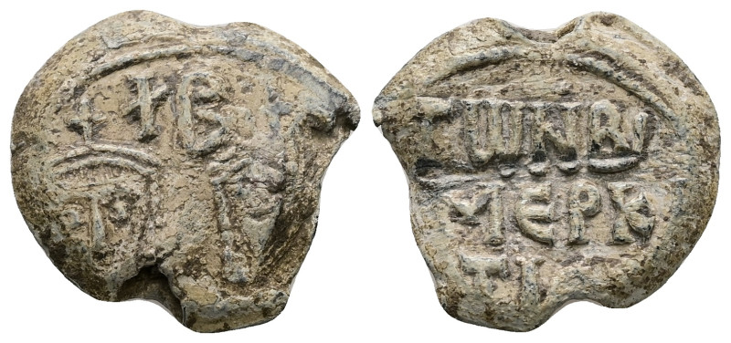 PB Byzantine seal of imperial kommerkia (c. AD 8th century)
Obv: Half-length fig...