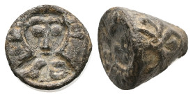AE Early Byzantine stamp seal (AD 6th–7th centuries)
A bronze stamp seal; engraved to the base, bust of a Saint, facing.
Weight: 6.11 g.
Diameter: 12....
