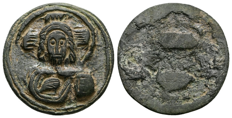 AE Byzantine anonymous stamp seal (AD 7th-9th centuries)
On the obverse, half-le...