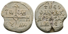 PB Byzantine seal of Theophanes imperial kommerkiarios and abydikos of Thessalonica (9th century AD)
Obv: Cruciform invocative monogram (type V): Θεοτ...
