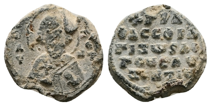 PB Byzantine metrical seal of Auxentios (AD 11th century)
Obv: Half-length of St...