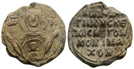 PB Byzantine seal of Constantine Monomachos (11th century AD)
Obv: The Mother of God orans with the medallion of Christ before her. Sigla on either si...