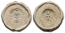 PB Byzantine anonymous seal (12th century AD)
Obv: Half-length figure of St Theodore in military costume, holding a lance and a shield. Inscription in...