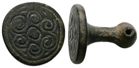 AE Early Byzantine stamp seal (AD 5th-7th centuries)
Bronze stamp seal with floral decoration on the face, loop at top for suspension.
Weight: 15.75 g...