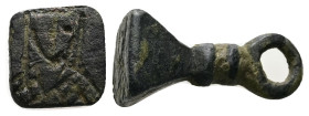 AE Byzantine stamp seal (AD 6th–7th centuries)
A bronze pyramid-shaped stamp seal with suspension ring to the top; engraved to the base, facing figure...