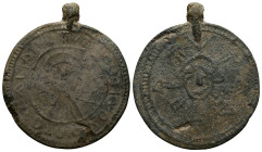 PB Byzantine hystera (womb) amulet (c. 10th century AD)
Obv: ΠANAΓIA ΘЄOTOKЄ BOIΘI CON TON ΦOPO (retrograde, 'Holy Mother of God, help your wearer'). ...