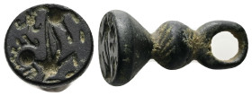 AE Byzantine anonymous stamp seal (AD 7th-9th centuries)
Conical-shaped bronze stamp seal with loop at top for suspension.
Weight: 12.08 g.
Diameter: ...