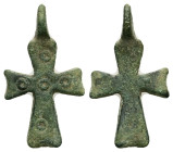 Pendant Cross. Middle Byzantine, 11thC.
Pendant Cross; bronze; cross patée, cast in one piece with loop for suspension.
Weight: 2.18 g.
Diameter: 26.8...