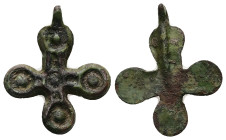 Pendant Cross. Middle Byzantine, 10thC-12thC.
Cruciform pendant; bronze; with circular terminals and a dot in the centre of each; loop at top.
Ref: Pa...