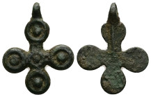 Pendant Cross. Middle Byzantine, 10thC-12thC.
Cruciform pendant; bronze; with circular terminals and a dot in the centre of each; loop at top.
Ref: Pa...