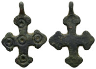 Pendant Cross. Middle Byzantine, 10thC-11thC.
Cross necklace; bronze; straight; arms rounded at the ends, each with a pair of lateral protrusions.
Ref...