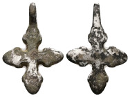 Pendant Cross. Middle Byzantine, 10thC-11thC.
Cross necklace; silver; straight; arms rounded at the ends, each with a pair of lateral protrusions.
Ref...