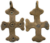 Pendant Cross. Middle Byzantine, 10thC-11thC.
Cross necklace; bronze; straight; arms rounded at the ends, each with a pair of lateral protrusions.
Ref...