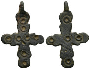 Pendant Cross. Middle Byzantine, 10thC-11thC.
Cross necklace; bronze; straight; arms rounded at the ends, each with a pair of lateral protrusions.
Ref...