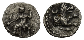 LYCAONIA, Laranda. Circa 324/3 BC. AR Obol (9mm, 0.4 g). Baaltars seated left, holding grain ear, grape bunch, and scepter / Forepart of wolf right; c...