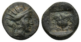 Caria. Rhodos 188-84 BC. Bronze Æ (13mm, 1.7 g). Radiate head of Helios right / P-O; rose with bud to left and right; all within incuse square.