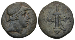 PONTUS, Amisos. Circa 100-85 BC. Æ (20mm, 7.57 g). Helmeted head of Ares right / Sword in sheath.