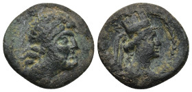 Seleukis and Pieria, uncertain mint (Damaskos?) Æ (20mm, 4.16 g). Circa 1st century BC. Head of Zeus to right, wearing tainia / Turreted, veiled and d...