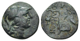 PAMPHYLIA. Side. Ae (15mm, 3.15 g) (3rd/2nd centuries BC). Obv: Helmeted head of Athena right. Rev: ΣIΔHTΩN. Nike advancing left, holding palm frond a...