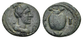 Pamphylia, Side Æ (12mm, 1.16 g). Circa 2nd century BC. Head of Artemis to right, quiver over shoulder; uncertain symbol before / Pomegranate; C-I acr...