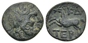 PISIDIA, Termessos (Circa 1st century BC) AE Bronze (15mm, 2.5 g) Obv: Laureate head of Zeus right. Rev: Horse galloping left; KΔ (date) above.