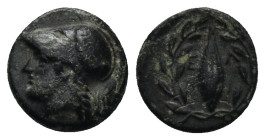 AEOLIS. Elaia. Ae (450-400 BC). AE (1.22 Gr. 10mm.)
Helmeted head of Athena left. 
Rev: Grain seed within olive wreath. Ε - Λ