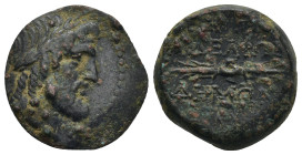 Seleucis and Pieria. Tetrapolis circa 149-48 BC. Adelphoi Demi issue Bronze Æ (20mm, 8.16 g) Laureate head of Zeus right / ΕΞΡ/ ΑΔΕΛΦΩΝ/ ΔΗΜΩΝ, thunde...