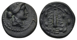 Lydia, Sardes. Ca. 133 B.C.-A.D. 14 AE (14mm, 3.48 g) Laureate head of Apollo right Rev. ΣAPΔI-ANΩN, club within oak wreath, monogram.