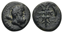 PISIDIA. Selge. 2nd-1st century BC. Ae (13mm, 2.65 g). Laureate bust of Herakles to right, club over left shoulder. Rev. [Σ]-E-[Λ] Thunderbolt and arc...