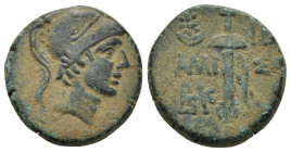 PONTOS. Amisos. Time of Mithradates VI Eupator, circa 85-65 BC. AE (7.8 Gr. 19mm). 
Helmeted head of Ares right.
 Rev. AMI-ΣΟΥ Sword in sheath; in lef...