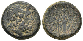 Phrygia, Apameia. Ca. 100-50 B.C. AE (20mm, 8,76 g). Herakle-, and Eglo-, magistrates. Laureate head of Zeus right / AΠAME HPAKΛE EΓΛO, cult statue of...
