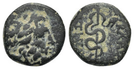 Mysia. Pergamon circa 200-133 BC. Bronze Æ (14mm, 3.3 g). Laureate head of bearded Asklepios right / ΑΣΚΛΗΠΙΟΥ ΣΩΤΗΡΟΣ, snake coiled around staff....