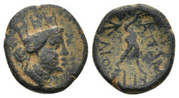Phrygia, Apameia. Circa. 88-40 B.C. AE 1 (15mm, 3.07 g). Turreted head of Tyche right / ΑΠΑΜΕΩΝ, naked Marsyas, advancing right playing double-flute....