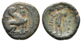 PAMPHYLIA. Perge. Ae (13mm, 2.0 g) (Circa 260-230 BC). Sphinx seated right, wearing kalathos. Rev: ИANAΨAΣ / ΠPEIIAΣ. Artemis standing left, holding w...