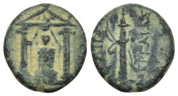 PAMPHYLIA. Perge. Ae (17mm, 3.77 g) (Circa 50-30 BC). Distyle temple containing facing statue of Artemis Pergaia. Rev: APTEMIΔOΣ / ΠEPΓAIAΣ. Quiver....