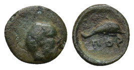 MYSIA. Pordosilene. Ae (9mm, 0.56 g) (Circa 400-380 BC). Obv: Head of Silenos right. Rev: ΠOP. Dolphin leaping right.