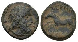 Pisidia, Termessos Æ (16mm, 4.5 g) Dated CY 26 = 46/5 BC. Laureate head of Zeus to right / TEPMHCEΩИ, horse galloping to left.